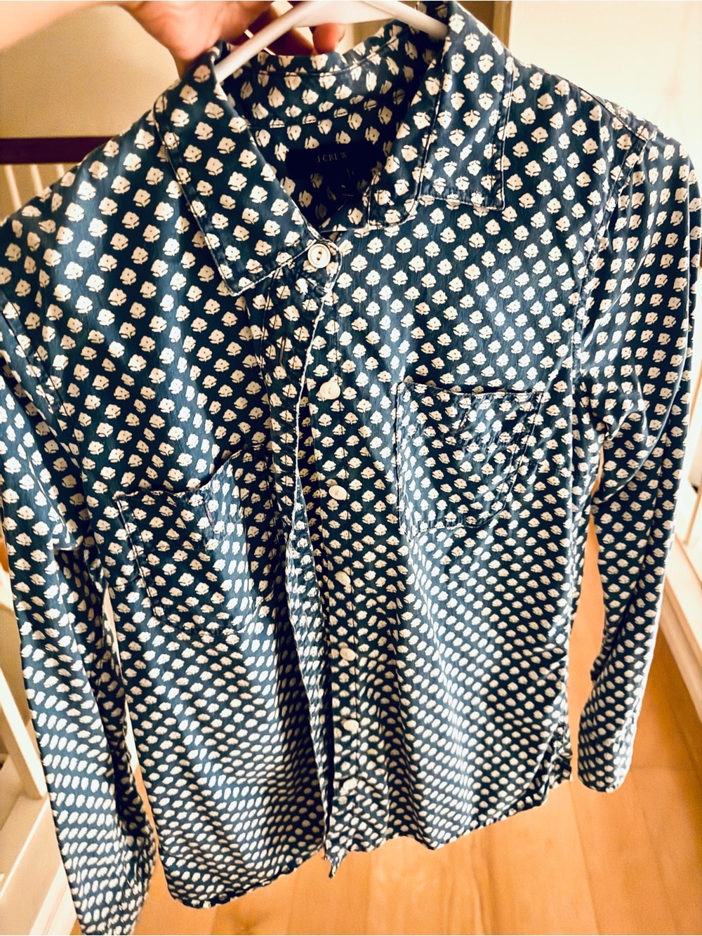 J. Crew Denim Button-Down Shirt with White Floral Print